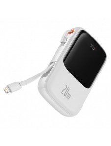 Baseus Qpow Digital Display Power Bank med snabbladdning 10000mAh 20W QC/PD/SCP/FCP med inbyggd Lightning-kabel Vit