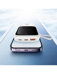 Baseus Qpow Digital Display Power Bank med snabbladdning 10000mAh 20W QC/PD/SCP/FCP med inbyggd Lightning-kabel Vit