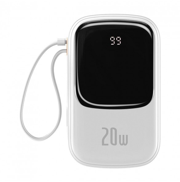 Baseus Qpow Digital Display Power Bank med snabbladdning 20000mAh 20W QC/PD/SCP/FCP med inbyggd Lightning-kabel Vit
