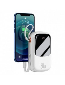Baseus Qpow Digital Display Power Bank med snabbladdning 20000mAh 20W QC/PD/SCP/FCP med inbyggd Lightning-kabel Vit
