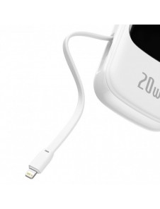 Baseus Qpow Digital Display Power Bank med snabbladdning 20000mAh 20W QC/PD/SCP/FCP med inbyggd Lightning-kabel Vit