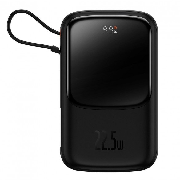 Baseus Qpow Digital Display powerbank med snabbladdning 10000mAh 22,5W QC/PD/SCP/FCP med inbyggd USB-C-kabel svart