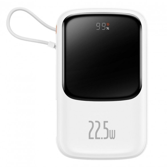 Baseus Qpow Digital Display powerbank med snabbladdning 10000mAh 22,5W QC/PD/SCP/FCP med inbyggd USB-C-kabel vit