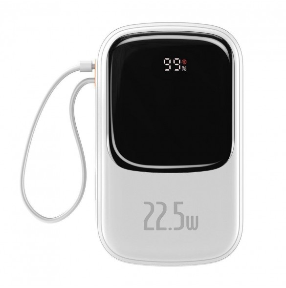 Baseus Qpow Digital Display powerbank med snabbladdning 20000mAh 22,5W QC/PD/SCP/FCP med inbyggd USB-C-kabel vit