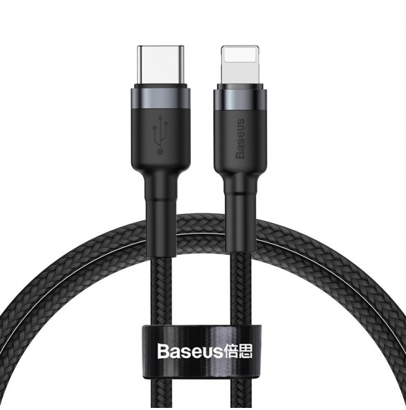Baseus Cafule Kabel slitstark nylonkabel USB Typ C PD / Lightning 18W QC3.0 1m svart-grå (CATLKLF-G1)