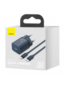 Baseus Super Si 1C snabbladdare USB Typ C 20W Strömförsörjning + USB Typ C - Lightning-kabel 1m blå (TZCCSUP-B03)