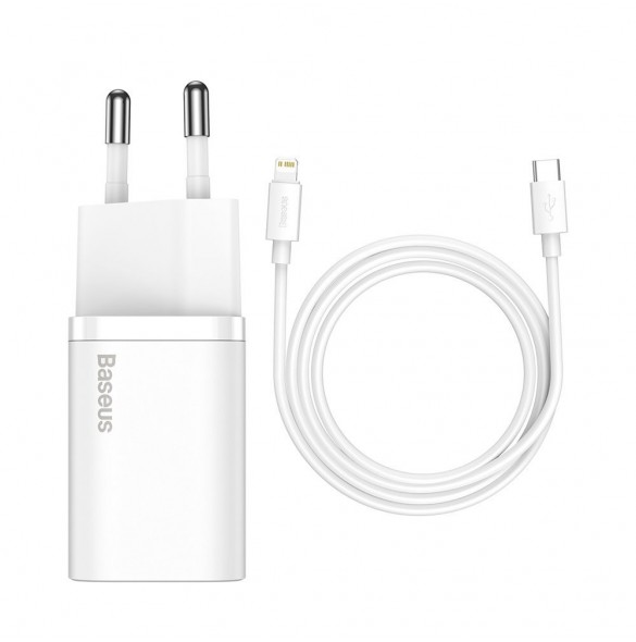 Baseus Super Si 1C snabbladdare USB Typ C 20W Strömförsörjning + USB Typ C - Lightning-kabel 1m vit (TZCCSUP-B02)