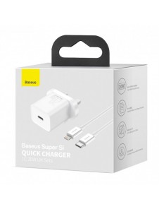 Baseus Super Si 1C snabbladdare USB Typ C 20W Strömförsörjning UK vit + USB Typ C - Lightning-kabel 1m (TZCCSUP-K02)
