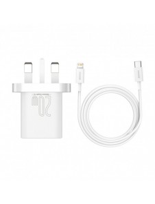 Baseus Super Si 1C snabbladdare USB Typ C 20W Strömförsörjning UK vit + USB Typ C - Lightning-kabel 1m (TZCCSUP-K02)