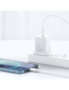 Baseus Super Si 1C snabbladdare USB Typ C 20W Strömförsörjning UK vit + USB Typ C - Lightning-kabel 1m (TZCCSUP-K02)