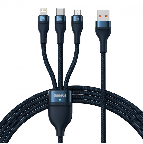 Baseus Flash Series II 3in1 snabbladdningskabel USB-A till USB-C / Micro-USB / Lightning 66W 480Mbps 1,2m Blå