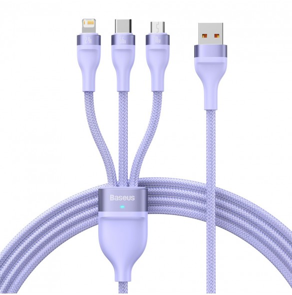 Baseus Flash Series II 3in1 snabbladdningskabel USB-A till USB-C / Micro-USB / Lightning 66W 480Mbps 1,2m Lila