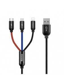 Baseus tre primära färger 3-i-1 USB - mikro-USB / Lightning / USB-C nylonflätad kabel 3,5A 1,2M svart (CAMLT-BSY01)