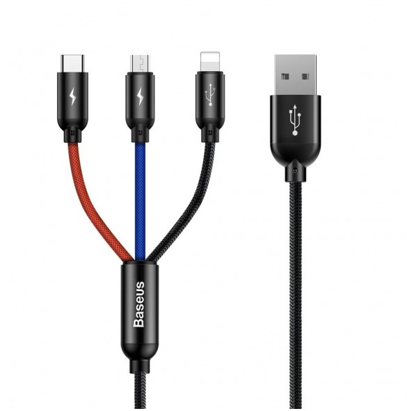 Baseus tre primära färger 3-i-1 USB - mikro-USB / Lightning / USB-C nylonflätad kabel 3,5A 1,2M svart (CAMLT-BSY01)