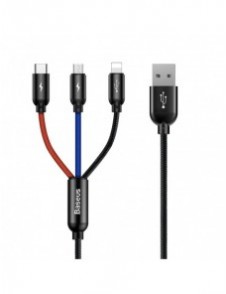 Baseus tre primära färger 3-i-1 USB - mikro-USB / Lightning / USB-C nylonflätad kabel 3,5A 1,2M svart (CAMLT-BSY01)