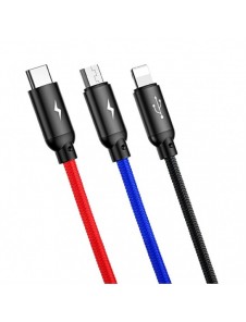 Baseus tre primära färger 3-i-1 USB - mikro-USB / Lightning / USB-C nylonflätad kabel 3,5A 1,2M svart (CAMLT-BSY01)