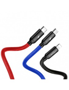 Baseus tre primära färger 3-i-1 USB - mikro-USB / Lightning / USB-C nylonflätad kabel 3,5A 1,2M svart (CAMLT-BSY01)
