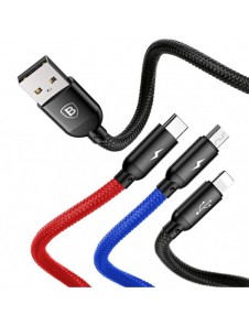 Baseus tre primära färger 3-i-1 USB - mikro-USB / Lightning / USB-C nylonflätad kabel 3,5A 1,2M svart (CAMLT-BSY01)