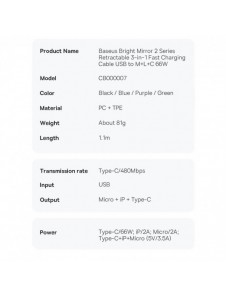 Baseus Bright Mirror 2 infällbar kabel 3-i-1-kabel USB Typ A - micro USB + Lightning + USB Typ C 66W 1,1 m blå (CAMJ010103)