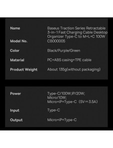 Baseus Traction Series 3-i-1 infällbar kabel USB Typ C - micro USB / USB Typ C / Lightning Power Delivery 100W 1,7 m grön (CAQY0