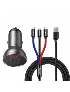 Baseus 2x USB 4.8A 24W billaddare med LCD + 3in1 kabel USB - USB Typ C / micro USB / Lightning 1.2m svart (TZCCBX-0G)