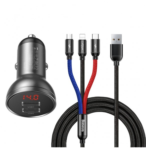 Baseus 2x USB 4.8A 24W billaddare med LCD + 3in1 kabel USB - USB Typ C / micro USB / Lightning 1.2m svart (TZCCBX-0G)