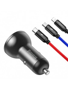 Baseus 2x USB 4.8A 24W billaddare med LCD + 3in1 kabel USB - USB Typ C / micro USB / Lightning 1.2m svart (TZCCBX-0G)