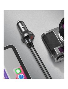 Baseus 2x USB 4.8A 24W billaddare med LCD + 3in1 kabel USB - USB Typ C / micro USB / Lightning 1.2m svart (TZCCBX-0G)