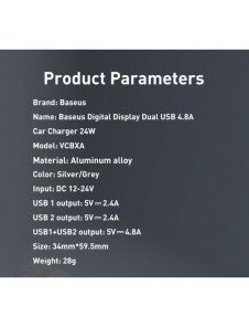 Baseus 2x USB 4.8A 24W billaddare med LCD + 3in1 kabel USB - USB Typ C / micro USB / Lightning 1.2m svart (TZCCBX-0G)