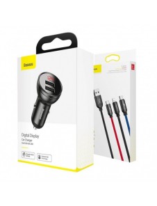 Baseus 2x USB 4.8A 24W billaddare med LCD + 3in1 kabel USB - USB Typ C / micro USB / Lightning 1.2m svart (TZCCBX-0G)