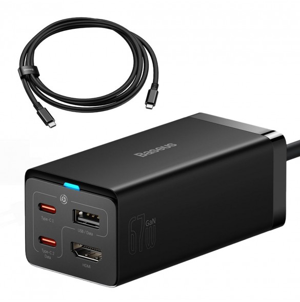 Baseus snabbladdare GaN5 Pro HUB HDMI 2 x USB-C / USB-A / HDMI 4K 30Hz 1,5m svart + USB-C-kabel - USB-C 100W 40Gb/s (USB4) 1m (C