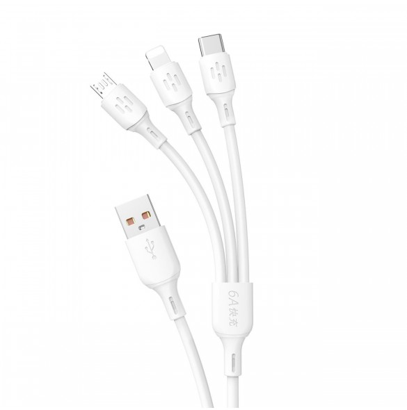 USB-kabel - USB C / micro USB / Lightning 480Mb/s 6A 1,2m - vit