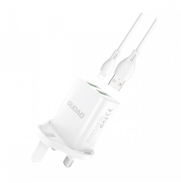 Dudao väggladdare UK-kontakt (Storbritannien) 2xUSB-A 2.4A vit + USB-A-kabel - Blixtvit