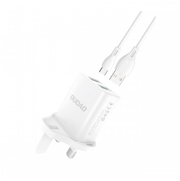 Dudao väggladdare UK-kontakt (Storbritannien) 2xUSB-A 2.4A vit + USB-A-kabel - USB-C vit
