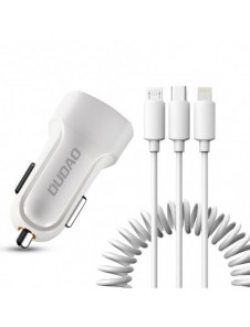 Dudao bilsatsladdare 2x USB 2.4A + kabel USB 3in1 Lightning / Typ C / micro USB-kabel vit (R7 vit)