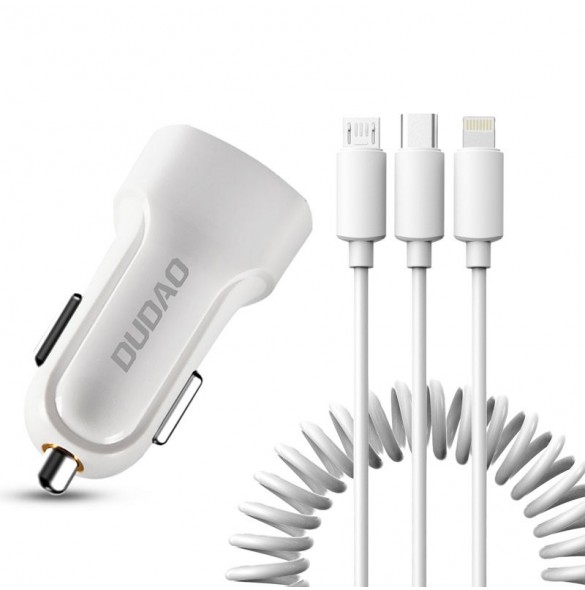 Dudao bilsatsladdare 2x USB 2.4A + kabel USB 3in1 Lightning / Typ C / micro USB-kabel vit (R7 vit)