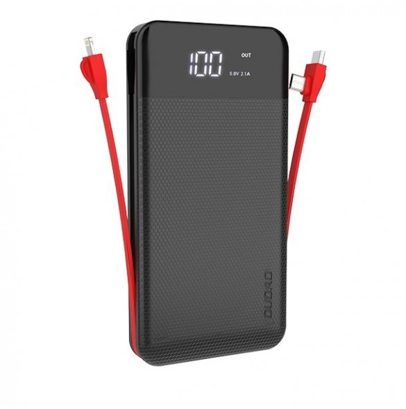 Dudao 2x USB powerbank 10000mAh 2A inbyggd kabel 3in1 Lightning / USB Typ C / micro USB 3A svart (K1A svart)