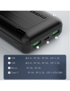 Dudao powerbank 20000 mAh Strömförsörjning 20 W Snabbladdning 3.0 2x USB / USB Typ C svart (K12PQ + svart)