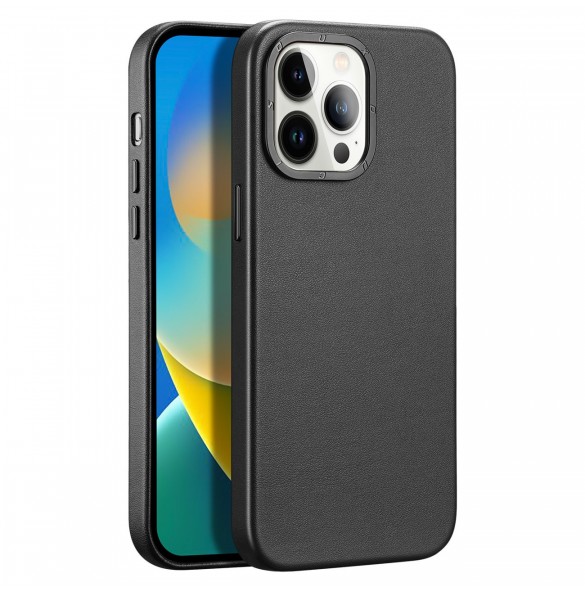 Dux Ducis Grit Läderfodral för iPhone 14 Pro Elegant konstläderfodral (MagSafe-kompatibelt) Svart
