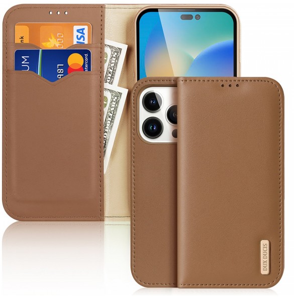 Dux Ducis Hivo Läder Flip Cover Plånbok i äkta läder för kort och dokument iPhone 14 Pro Brown