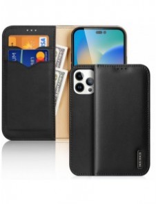 Dux Ducis Hivo Läder Flip Cover Plånbok i äkta läder för kort och dokument iPhone 14 Pro Max Svart