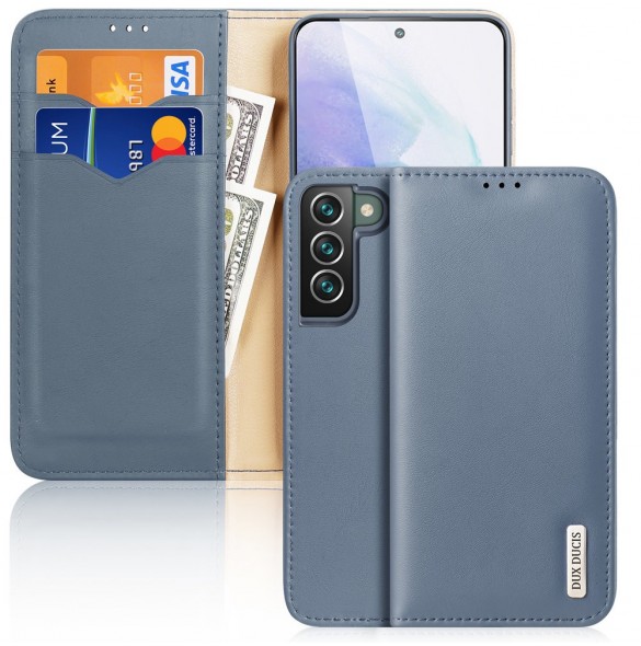 Dux Ducis Hivo Läder Flip Cover Plånbok i äkta läder för kort och dokument Samsung Galaxy S22 + (S22 Plus) Blå