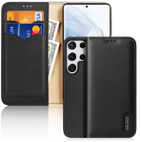 Dux Ducis Hivo Läder Flip Cover Plånbok i äkta läder för kort och dokument Samsung Galaxy S22 Ultra Black