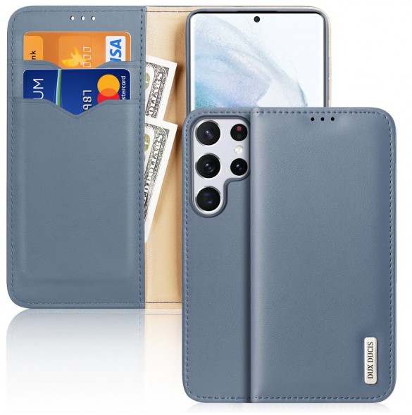 Dux Ducis Hivo Läder Flip Cover Plånbok i äkta läder för kort och dokument Samsung Galaxy S22 Ultra Blue