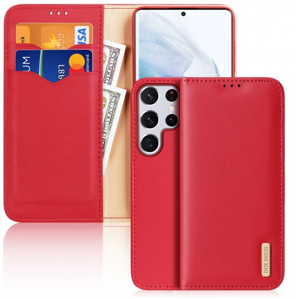 Dux Ducis Hivo Läder Flip Cover Plånbok i äkta läder för kort och dokument Samsung Galaxy S22 Ultra Red
