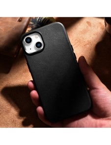 iCarer Fodral Läderfodral för iPhone 14 Plus äkta läderfodral svart (kompatibelt med MagSafe)