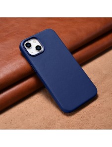 iCarer Fodral Läderfodral för iPhone 14 Plus äkta läderfodral blå (kompatibelt med MagSafe)