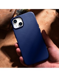 iCarer Fodral Läderfodral för iPhone 14 Plus äkta läderfodral blå (kompatibelt med MagSafe)