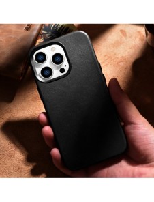 iCarer Fodral Läderfodral Äkta läderfodral för iPhone 14 Pro Max svart (WMI14220708-BK) (MagSafe-kompatibel)