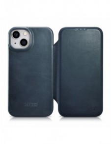 iCarer CE Oil Wax Premium Leather Folio Case iPhone 14 Plus magnetiskt flipfodral MagSafe blå (AKI14220707-BU)